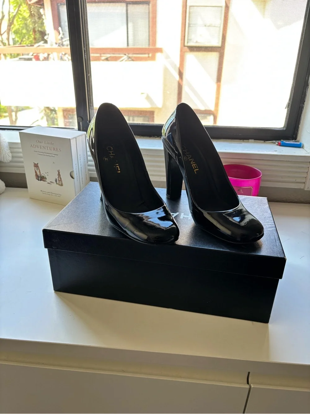 CHANEL Black Patent Leather High Heel Pumps